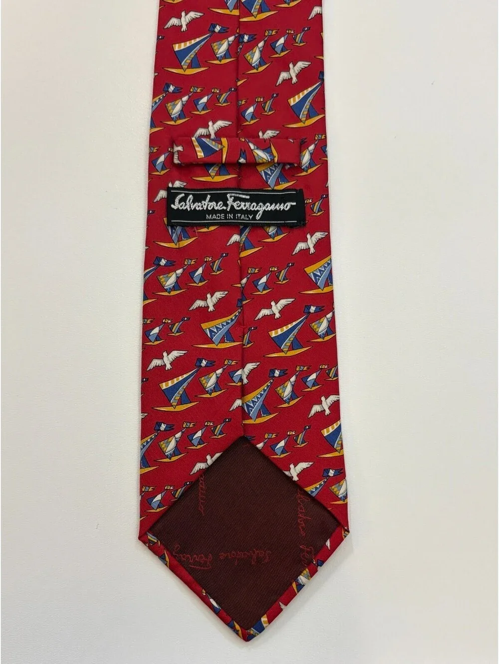 Salvatore Ferragamo Red Sailboat 100% Silk Tie 60